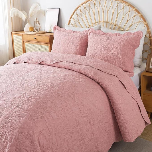 HoneiLife Queen Quilt Bedding Set - 3 Piece Microfiber Quilt Sets Lightweight Bedspreads Reversible Coverlets Rustic Bed Cover Floral Bedding Set All Season Quilts-Pink