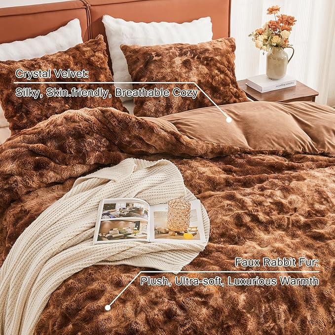 EMME Faux Fur Duvet Cover Twin Size, 2 Pieces Ultra Soft Fluffy Comforter Cover, Cozy Warm for Winter, Luxury Elegant Shaggy Bubble Design Bedding, 1 Duvet Cover & 1 Pillow Shams (Twin, Tie Dye Brown)