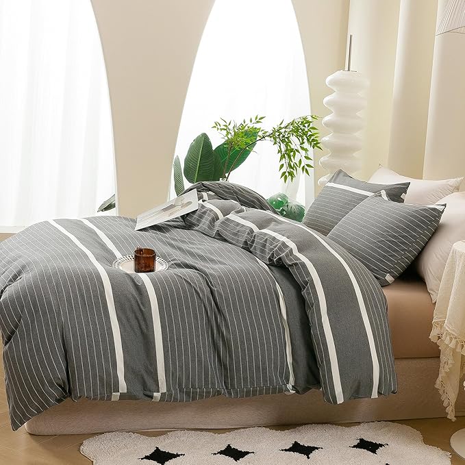 ECOCOTT Duvet Cover Set, 100% Washed Cotton Linen-Like Textured Soft & Breathable, Durable Comfy Bedding Set for All Seasons California King Size, Grey Stripes