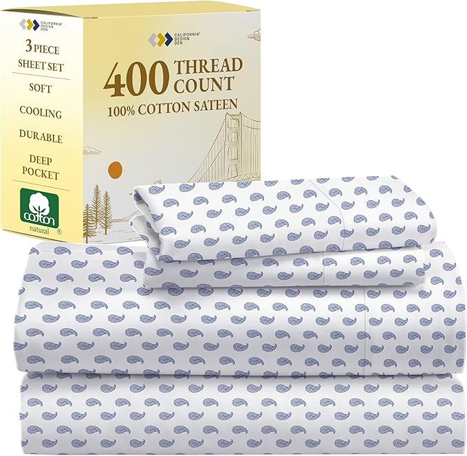 California Design Den Printed Twin XL Sheet Sets - 400 Thread Count Sateen, Natural 100% Cotton Sheets Set, Deep Pockets, and Durable Bedding Set - Paisley Blue
