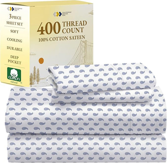 California Design Den Printed Twin XL Sheet Sets - 400 Thread Count Sateen, Natural 100% Cotton Sheets Set, Deep Pockets, and Durable Bedding Set - Paisley Blue