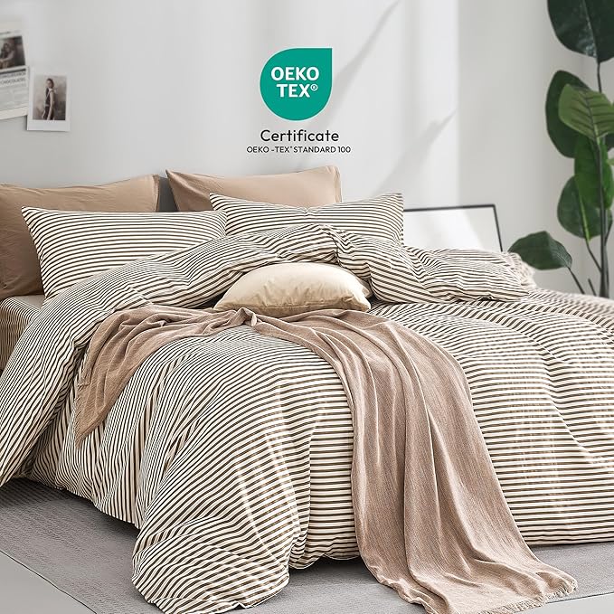 JELLYMONI 100% Natural Cotton 3pcs Striped Duvet Cover Sets,White Duvet Cover with Khaki Stripes Pattern Printed Comforter Cover,with Zipper Closure & Corner Ties(Cal King Size)