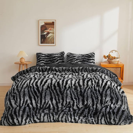 XeGe Zebra Print Fluffy Faux Fur Duvet Cover Set, 3 Pieces Soft Plush Shaggy Fuzzy Bedding Set(1 Farmhouse Striped Comforter Cover + 2 Furry Pillowcases), Zipper Closure(Queen, Black and Grey)