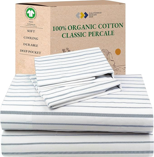 California Design Den King Bed Sheets Stripe, 100% Organic Cotton Percale Sheets, Deep Pocket King Sheets & Pillowcase Set - Blue Stripe