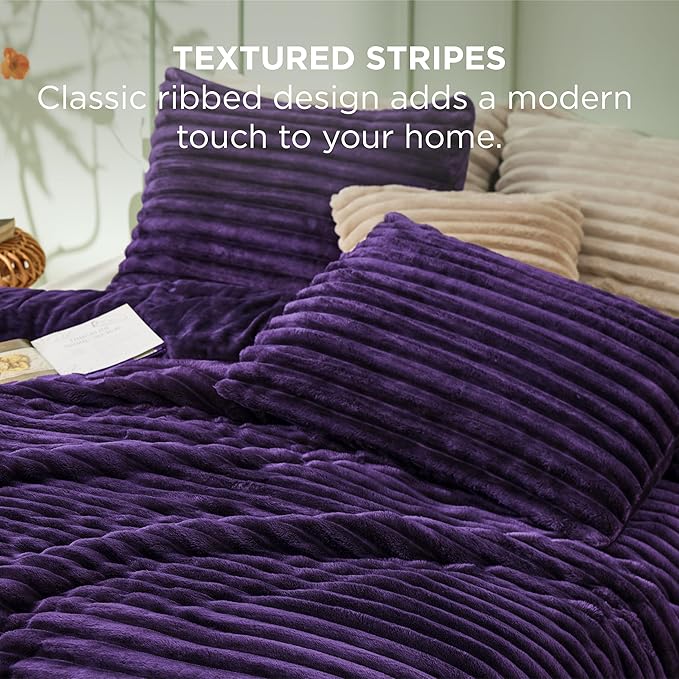 Bedsure Comforter Full Size - GentleSoft™ 3 Pieces Fluffy Double-Side Fleece Comforter Set, Cozy Striped Room Decor Aesthetic, Luxury Purple Full Size Bedding with 2 Pillowcases, 82x86 Inches