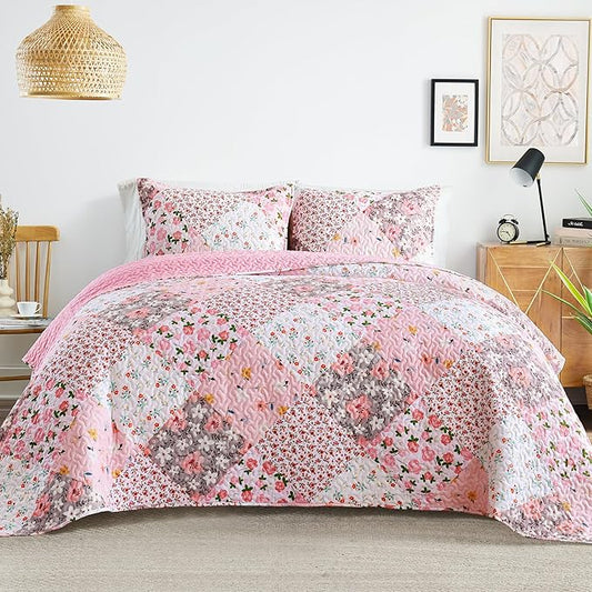 Whale Flotilla Patchwork Quilt King Size, Extra Soft Boho Floral Bedspreads for Bed Reversible Lightweight King Quilt Bedding Set Printed Coverlets with 2 Pillow Shams for All Seasons, Pink