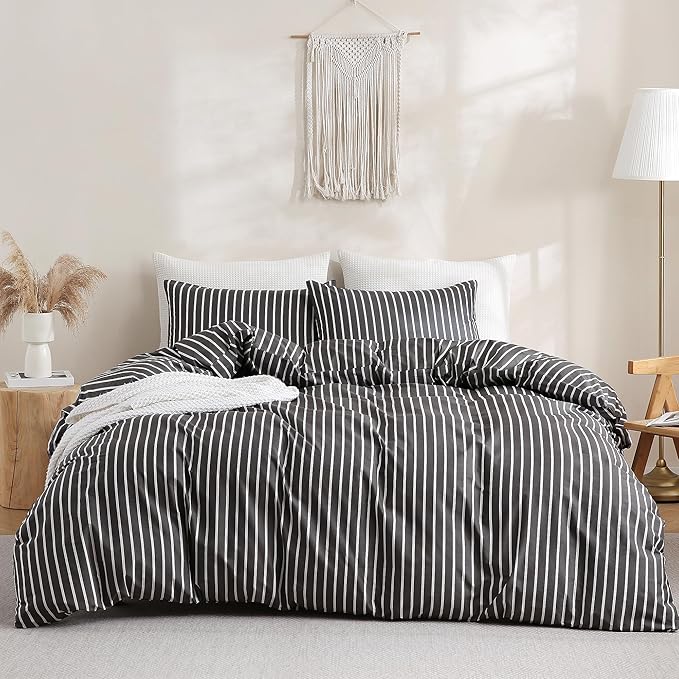 TOCOMOA Striped Duvet Cover Set 100% Natural Cotton Soft Comfy Breathable 3 Piece Black and White Pattern Printed Comforter Cover Bedding Set (Queen 90"x90", Comforter Not Included)