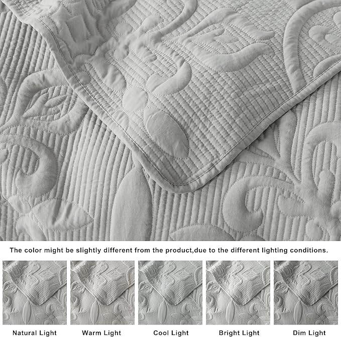 Light Grey Damask Quilt King Size Bedding Sets with 2 Pillow Shams, Boho Bedspread Lightweight Soft Farmhouse Vintage Bohemian Coverlet Retro Jacquard Pattern Bed Cover for All Season, 3 Pieces