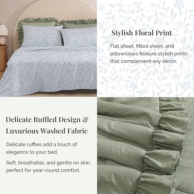 California King Comforter Set - 7 Pieces Ruffle Sage Leaf Bedding Sets, Shabby Chic Farmhouse Bed in a Bag with Ruffle Comforter, Floral Sheets, Pillowcases & Shams