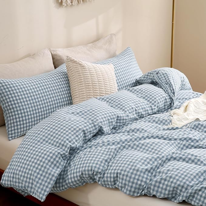 TOCOMOA Blue Gingham Duvet Cover Bedding Set 100% Washed Cotton Like Linen Feel Super Soft Comfortable 2 Piece Vintage Plaid Checkered Comforter Cover Set (Twin 68"x90", Comforter Not Included)