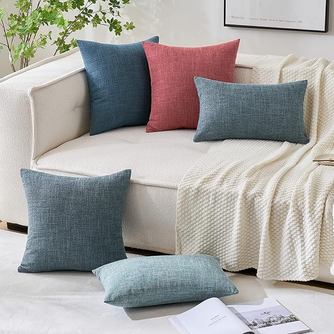 MIULEE Pack of 2 Decorative Linen Burlap Textured Pillow Covers Farmhouse Boho Accent Pillowcases Spring Coastal Home Decor for Couch Sofa Bedroom Living Room 18x18 Inch Grey Blue