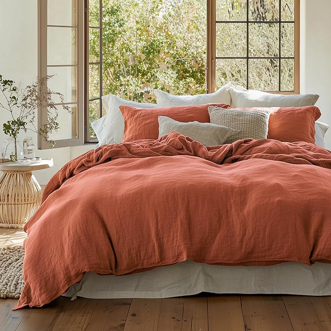Bedsure 100% Muslin Cotton Duvet Cover Queen Size - Ultra-Soft, Breathable & Lightweight - Linen Like Gauze Comforter Cover Set with Button Closure and Corner Ties (Terracotta, Queen, 90"x90")