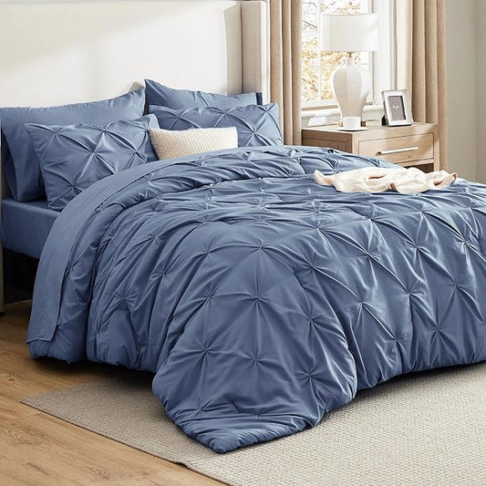 Bedsure King Size Comforter Set Slate Blue - Bed in a Bag Bedding Set 7 Pieces, GentleSoft™ Pintuck Bed Set Gift for Family, Pinch Pleat Slate Blue Comforter with Sheets, Pillowcases & Shams