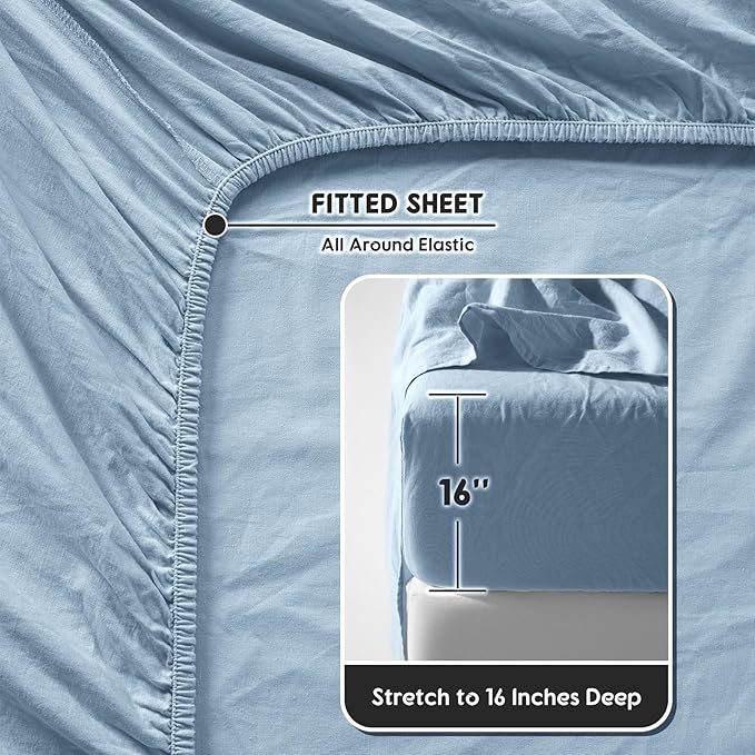 SONORO KATE 100% French Pure Linen Sheets, Breathable and Durable Linen King Size Sheets, Anti-Tear Linen Bed Sheets, Machine Washable, 16 Inch Deep Pocket - 4 Piece (Dusty Blue, King)