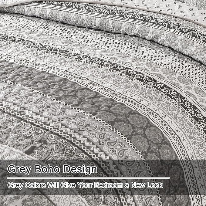 WONGS BEDDING Boho Quilt Set Full Size, Grey Bohemian 3 Pieces Quilt Sets, Lightweight Microfiber Bedspread Coverlet Bedding Set for All Season (78"x90")