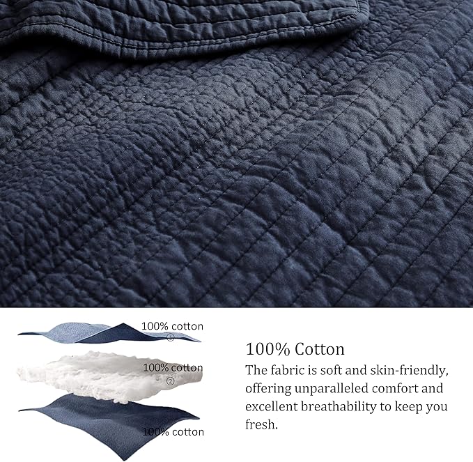 palassio Striped Navy Blue 100% Cotton Quilt Queen Size Bedding Sets, Lightweight Crinkly Channel Pick Stitch Textured Bedspread Soft Shabby Chic Farmhouse Country Coverlet for All Season, 2 Shams