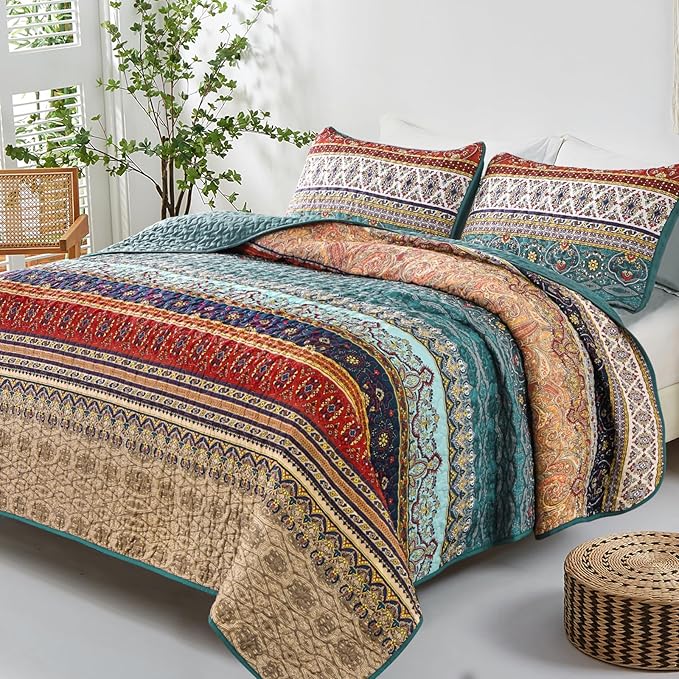 WONGS BEDDING Boho Quilt Set Twin Size, Green and Brown Bohemian Quilt Bedding Set, Lightweight Microfiber Bed Decor Bedspread for All Season 68"x86"(2 Pieces)