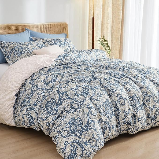 PHF Ultra Soft Floral Duvet Cover Queen Size, Revisible Boho Printed Vintage Bedding Set 3 Pieces, Comfy Durable Morris Garden Duvet Cover Set with 2 Pillow Shams, Zipper Closure and 8 Ties, 90"x90"