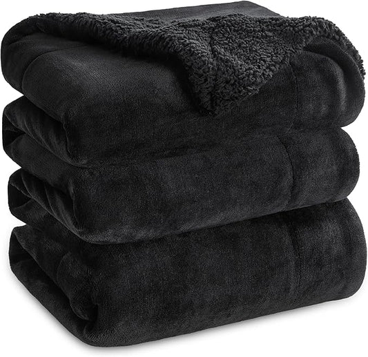 Bedsure GentleSoft Sherpa Fleece Blanket Queen Size for Bed, Non-Heated, Thick and Warm Throw for Women and Men, Soft Fuzzy Plush Queen Blanket for Winter, Black, 90x90 Inches
