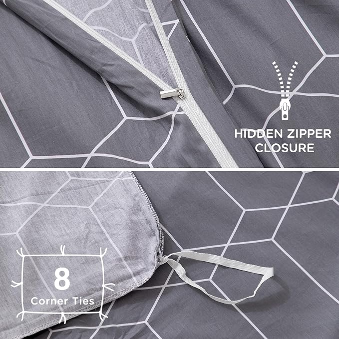 TOCOMOA Plaid Duvet Cover Set 100% Natural Cotton Soft Comfy Breathable 3 Piece Grey and White Pattern Printed Comforter Cover Bedding Set (Queen 90"x90", Comforter Not Included)