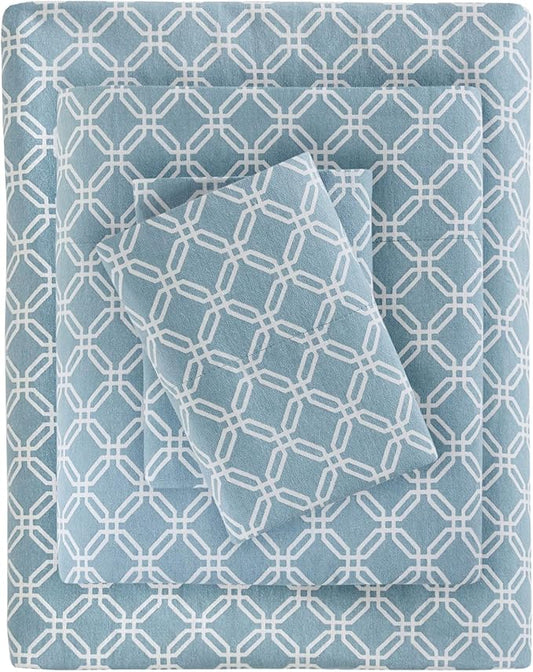 True North by Sleep Philosophy Cozy Flannel Warm 100% Cotton Sheet - Novelty Print Animals Stars Cute Ultra Soft Cold Weather Bedding Set, Full, Blue Geo 4 Piece