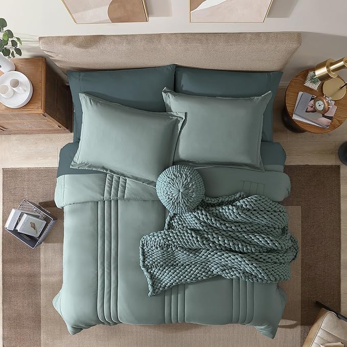 Monbix Oversized Queen Comforter Set - 7 Pieces Sage Green Bed in a Bag Oversized Queen Bedding Sets with Comforters, All Seasons Comforter Bed Set with Sheets, Pillowcases & Shams