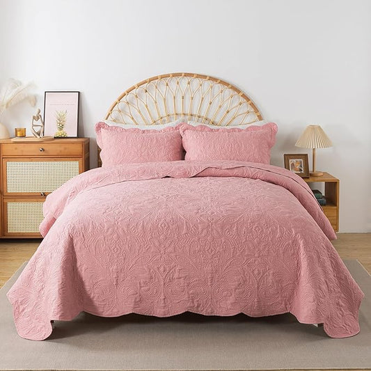 HoneiLife Quilt Sets King Size - 3 Piece Microfiber Quilt Set Lightweight Bedspreads Reversible Coverlets Rustic Bed Cover King Quilt Bedding Set All Season Quilts-Pink