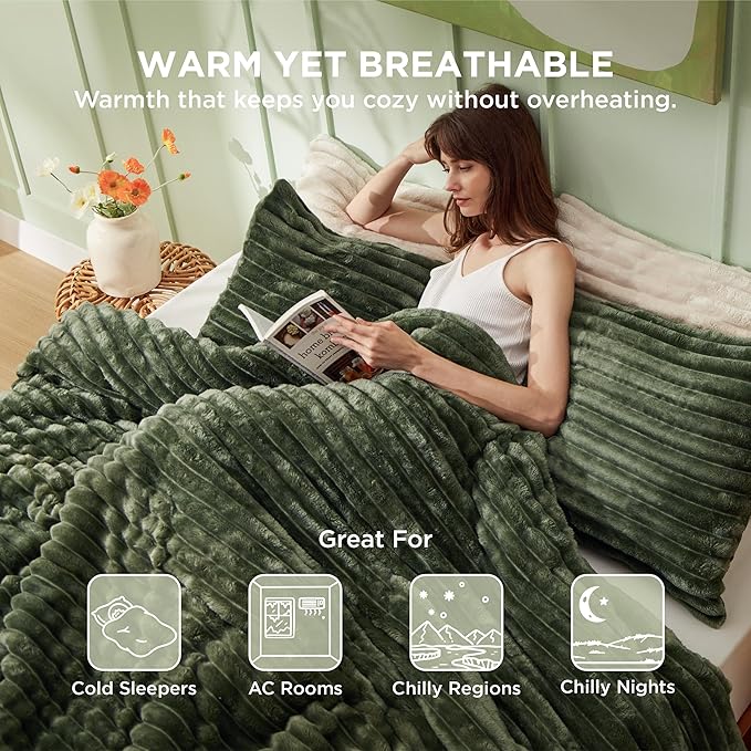 Bedsure Queen Comforter Set - GentleSoft™ 3 Pieces Fluffy Double-Side Fleece Comforter Set, Cozy Striped Room Decor Aesthetic, Luxury Olive Green Bedding Queen Size with 2 Pillowcases, 90x90 Inches