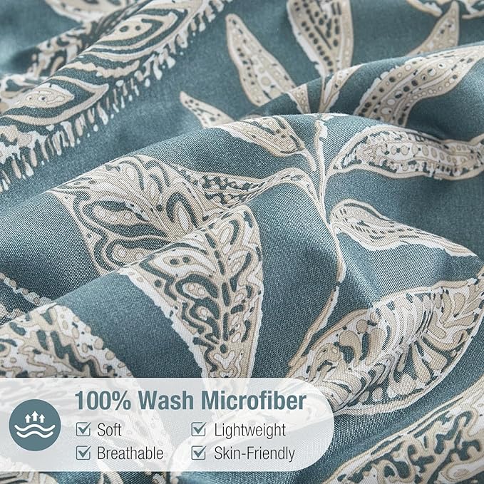 Lekesky Duvet Cover King Size, Reversible Teal Blue Floral Comforter Cover Set King Size 3pc, Soft 100% Washed Microfiber Breathable Bedding Sets with Zipper Ties and 2 Pillowcases