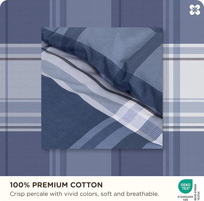 Bedsure 100% Cotton Reversible Plaid Duvet Cover Queen Size - Classic Navy Checkered Pattern Comforter Cover with Zipper Closure & 2 Pillow Shams, Comforter Sold Separately (Navy Plaid 90"x90")