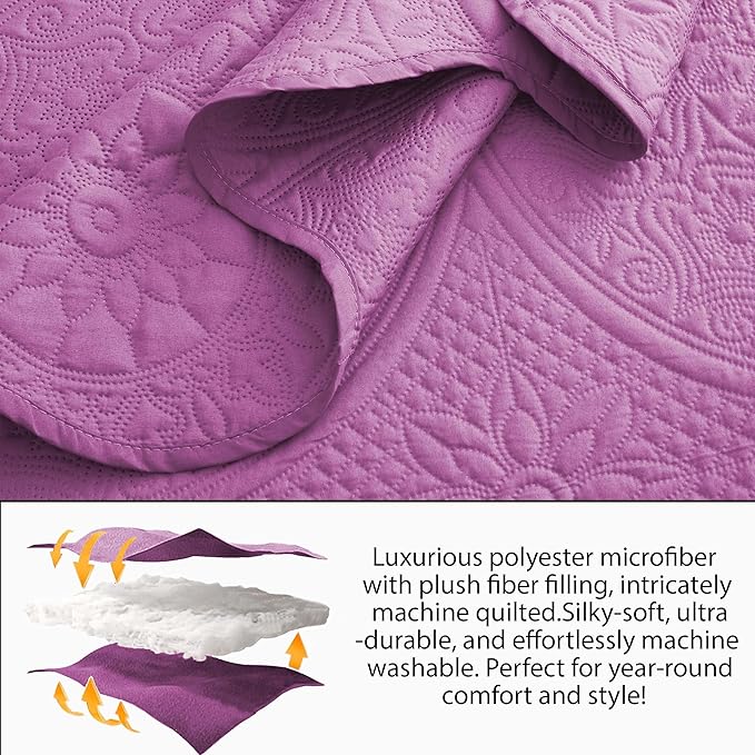 MOONLIGHT20015 Queen Quilt Bedding Set Size (90" x 96") + 2 Pillow Shams (20" x 26"+ 2") - 3 Pcs All Season Lightweight Reversible Embossed Quilt Microfiber Coverlet Floral Bedspread (Purple)