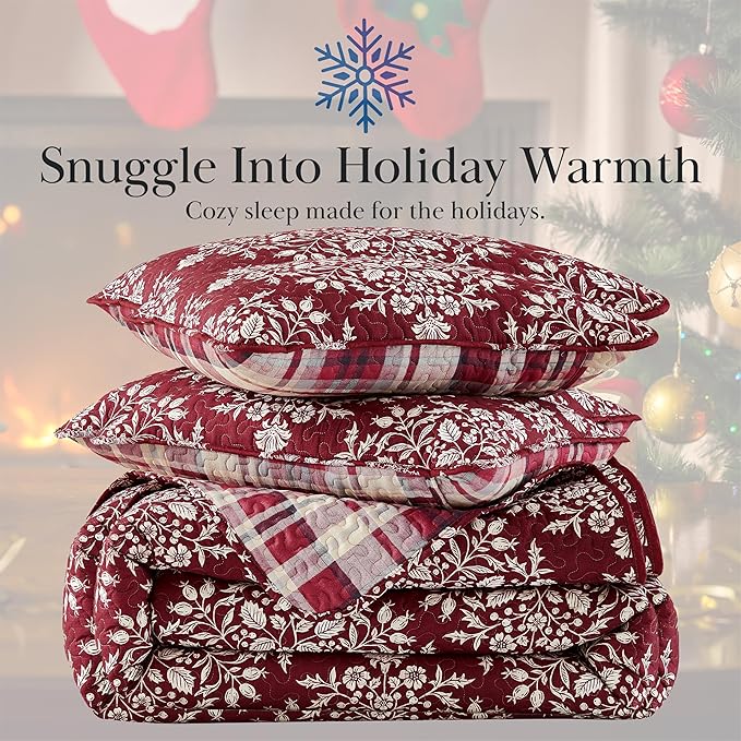Southshore Fine Living, Inc. Christmas Quilt, Queen Size Size with 2 Pillow Shams, Reversible Plaid Christmas Bedding Set, Coverlet Queen Size - Red Plaid