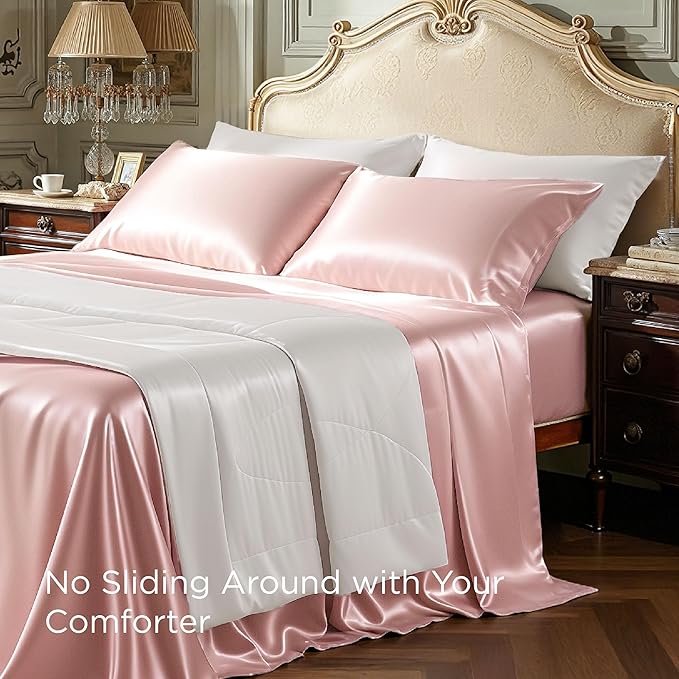 Bedsure Pink Satin Sheets Full Size - 4 Piece Silky Bedsheets with 15 Inches Deep Pocket Fitted Bedsheet,1 Flat Sheet, 2 Satin Pillowcases, Good for Hair & Skin (Full, Peach Pink)