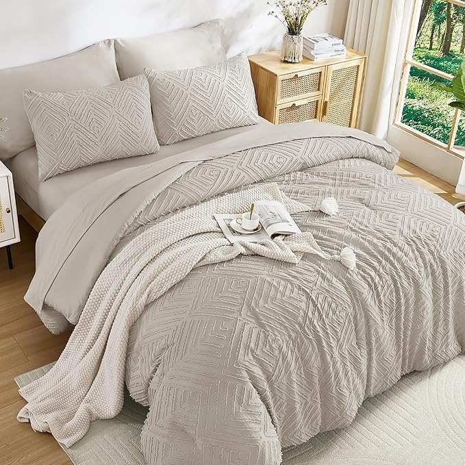 Andency King Size Comforter Set 7 Pieces Linen - Bed in a Bag King Boho Lightweight Fluffy Tufted Bedding Sets with Quilt Comforter, Sheets, Pillowcases & Shams
