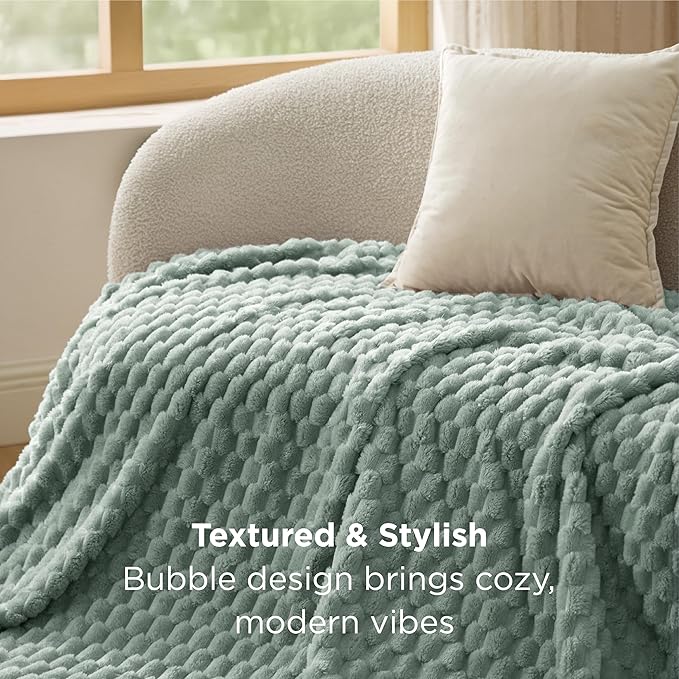 Bedsure Sage Green Throw Blanket for Couch - 350GSM Fluffy Plush Bubble Blanket for Bed Home Room Decor, GentleSoft Cute Fleece Soft Cozy Gifts for Women Girls, 50x60 Inches