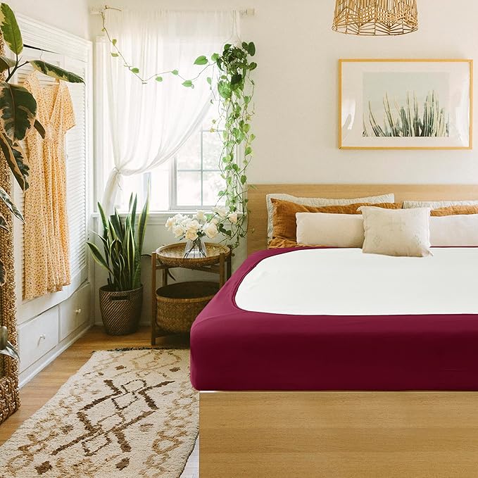 Biscaynebay Decorative Box Spring Cover Queen Size, Burgundy Luxurious Jersey Knitting Stretchy Wrap Around 4 Sides Bed Skirt for Home/Hotels, Easy Fit Wrinkle & Fade Free Machine Washable