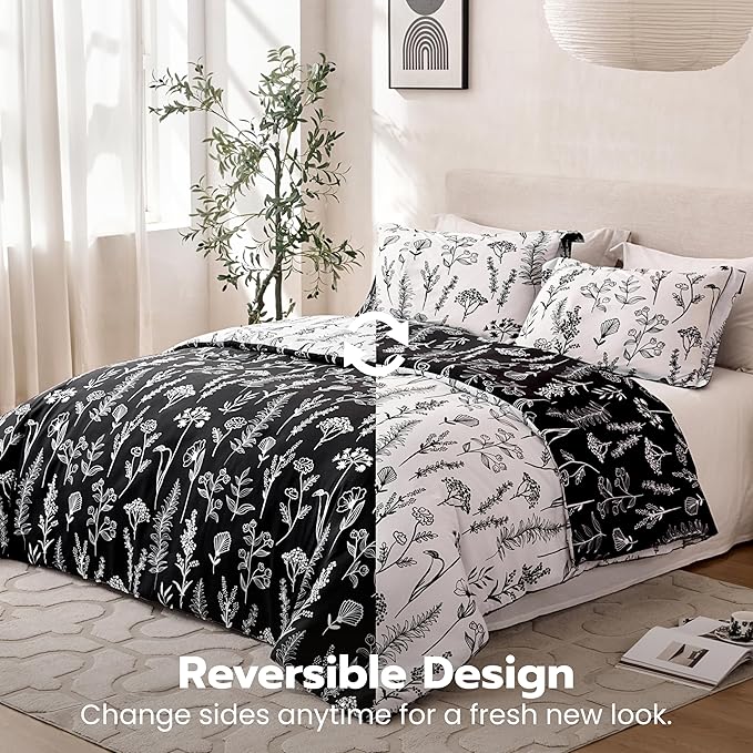 Joiedomi Twin Comforter Set Black, 2 Pieces Floral Twin Bedding Set with 1 Soft Reversible Botanical Comforter and 1 Pillow Sham, Bed in a Bag for All Seasons