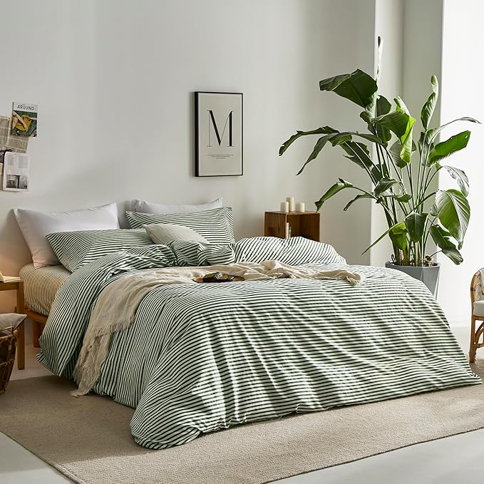 JELLYMONI 100% Natural Cotton 3pcs Striped Duvet Cover Sets,White Duvet Cover with Green Stripes Pattern Printed Comforter Cover,with Zipper Closure & Corner Ties(Full Size)