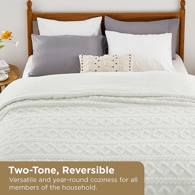 Bedsure Gentlesoft Sherpa Queen Size Blanket for Bed - Fleece Fluffy & Cozy Cable Jacquard Tufted for Women Gift, Thick and Warm Christmas Blanket for Winter, Cream, 90x90 Inches