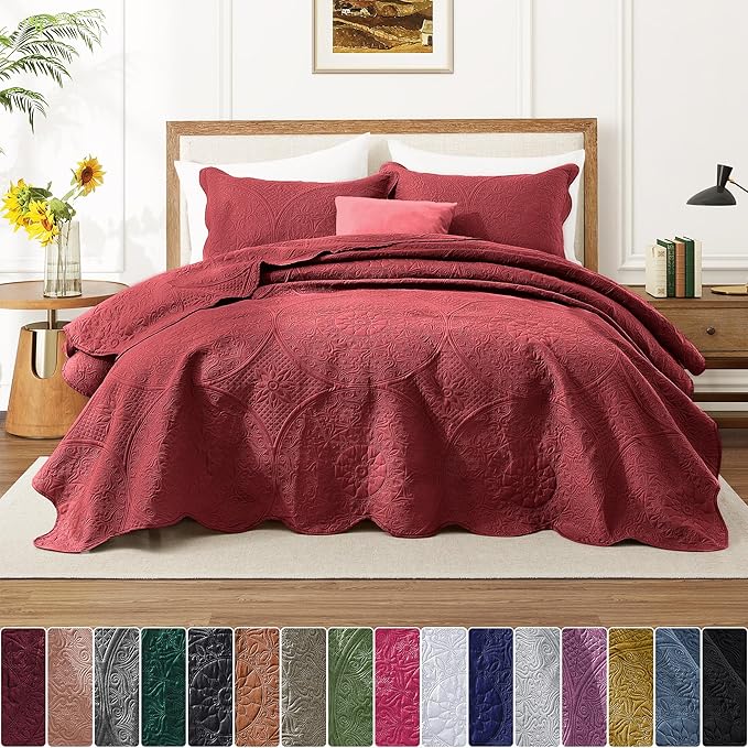 IR Imperial Rooms Queen Quilt Bedding Set Size (90" x 96") + 2 Pillow Shams (20" x 26"+ 2") - 3 Pcs All Season Lightweight Reversible Microfiber Coverlet Floral Embossed Quilt Bedspread (Burgundy)