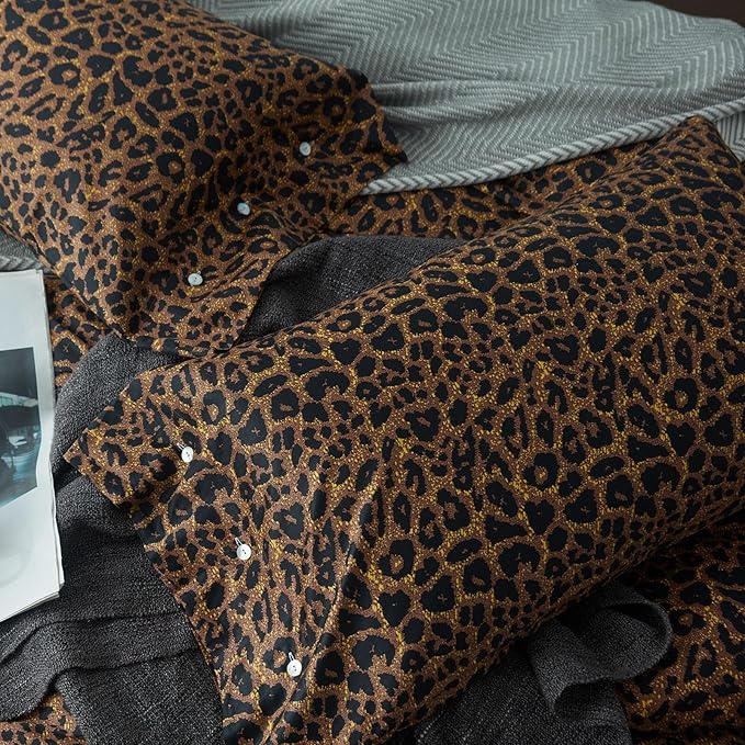 LifeTB Cotton Leopard Print Duvet Cover King Bedding Set Luxury Soft 100% Long Staple Cotton Duvet Cover Boho Leopard Pattern Comforter Cover 3 Pieces Modern Style Bedding Duvet Cover Set