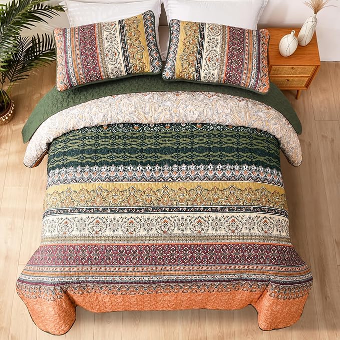 WONGS BEDDING Boho King Quilt Set, Green and Orange Bohemian Quilt Bedding Set, Fall Lightweight Bed Decor Bedspread for All Season Reversible Microfiber Coverlet Bedding Set 103"x90"(3 Pieces)