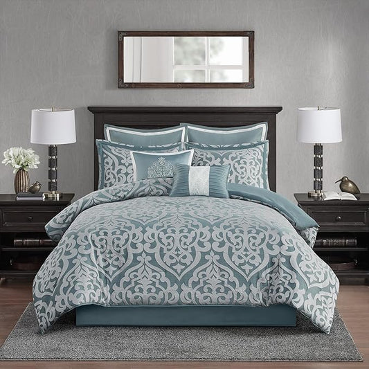 Madison Park Odette Cozy Comforter Set Jacquard Damask Medallion Design - Modern All Season, Down Alternative Bedding, Shams, Decorative Pillows, Queen(90 in x 90 in), Aqua