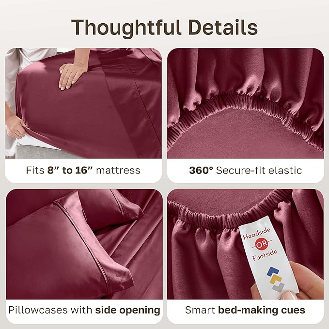 California Design Den Natural 100% Cotton Sheets, Soft Queen Sheet Set, 400 Thread Count Sateen, Deep Pockets with All-Around Elastic for a Snug Fit, Durable Bedding Set - Burgundy Red