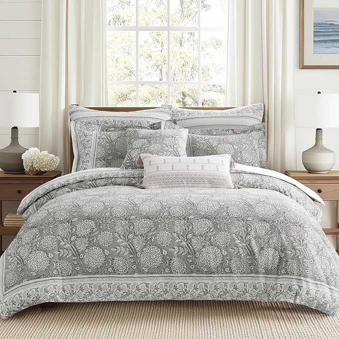 Levtex Home Adare Grey Reversible King Duvet Cover Set (106x94in) with 2 Pillowcases (36x20in) - Floral Bedding - Grey and White - Cotton King Size Duvet Cover Set - Soft, Pre-Washed
