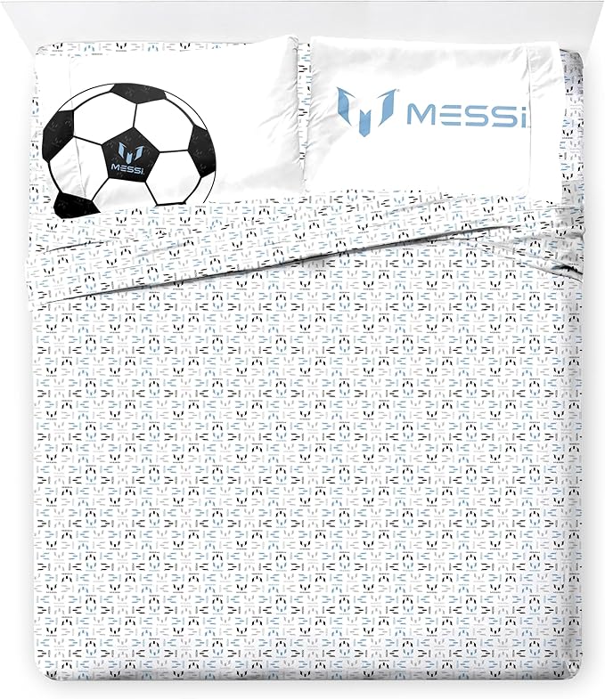 Jay Franco Kids Comforter Set Includes Sheets and Pillow Cover - Soft and Cozy Bed Set for Stylish Room Décor, White - Lionel Messi, 7 Piece Queen