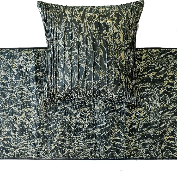 The HomeCentric King/Queen/Twin Black Decorative Bed Runner Twin 53"x18" Bed Runner with One Pillow Cover, Marble Pattern, Pintucks, Quilted Bed Scarf on Jacquard Fabric - Stellaris