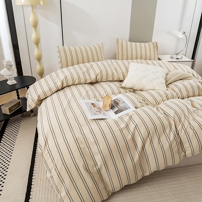 ECOCOTT Duvet Cover Twin Size - Linen Feel Organic Natural 100% Washed Cotton, Soft Breathable & Durable Bedding Set, Comfy Stripe Design for All Seasons