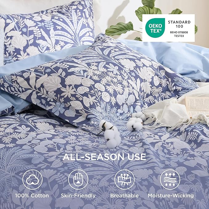 Bedsure Duvet Cover Queen Size - 100% Cotton Reversible Floral Queen Duvet Cover Set with Zipper Closure, 3 Pieces Soft & Breathable Vintage Indigo Blue Bedding Set with 2 Pillow Shams 20"x26"