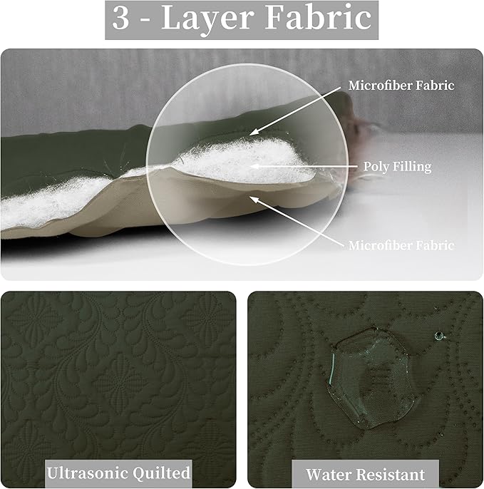 Easy-Going King Size Reversible Quilt Set with 1 Quilt and 2 Pillow Shams, Soft Bed Quilt Cover, Water Resistant Lightweight Microfiber Bedspread, Stain Resistant, Olive Leaf-Army Green/Beige